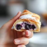 A person is holding a pastry with blueberries on it.