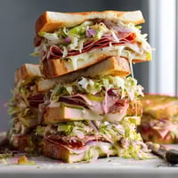 A stack of sandwiches with lettuce and meat.