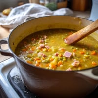A pot of soup with a wooden spoon in it.
