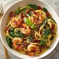 A bowl of pasta with shrimp and spinach.