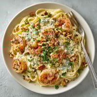 A bowl of pasta with shrimp and blue cheese.
