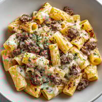 A plate of pasta with meat and cheese.