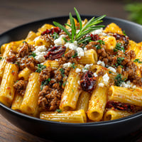 A bowl of creamy Kalamata beef pasta.