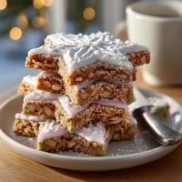 A plate of dessert bars with white icing and nuts.