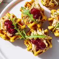 Crispy Stuffing Waffle Chicken Sliders, golden and stacked with shredded chicken and cranberry mayo, ready to eat.