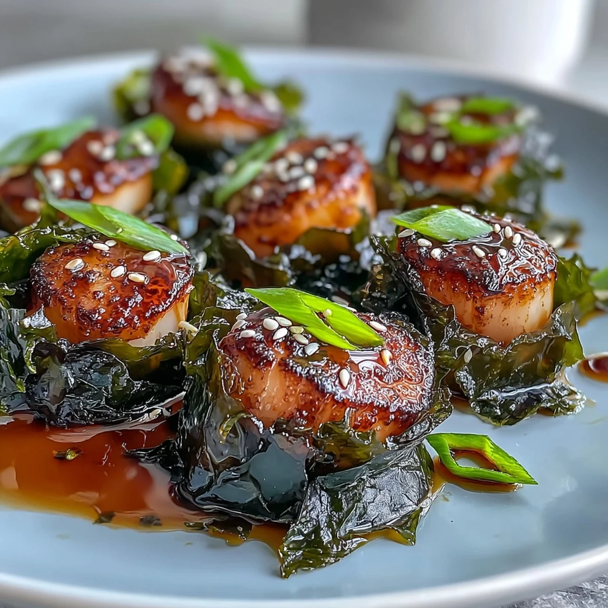 Seaweed-Wrapped Scallops with Ponzu Sauce are pan-seared and drizzled with tangy citrus ponzu sauce, garnished with green onions.