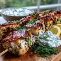 Grilled Light Lemon Herb Chicken Skewers with Tzatziki on a plate with fresh herbs and lemon wedges.