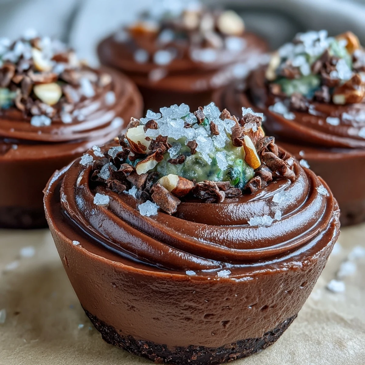 Vegan Chocolate Avocado Mousse Cups with Sea Salt Crunch, creamy and chilled, served in individual glasses with a dark, sparkling topping.