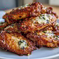 Golden brown Keto Garlic Parmesan Baked Chicken Wings fresh from the oven, glistening with melted butter and minced garlic on a rustic platter.