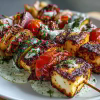 Grilled veggie and halloumi skewers with herb yogurt sauce, featuring colorful vegetables and golden cheese, perfect for summer grilling.
