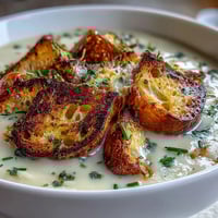 Creamy Leek and Potato Soup with Sourdough Croutons, a comforting bowl of velvety soup topped with golden, herb-seasoned sourdough croutons.