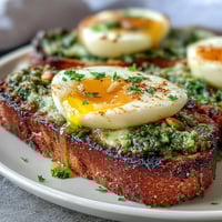 Spinach pesto sourdough toast with soft-boiled egg, vibrant green spread and jammy yolk on crispy bread.  