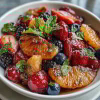 Citrus and Berry Spring Fruit Salad with Mint, a vibrant medley of fresh berries and citrus segments, lightly sweetened and garnished with fragrant mint.  