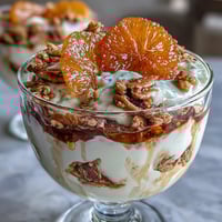 Candied orange yogurt parfait with granola crunch in a clear glass, topped with fresh mint and vibrant orange slices.