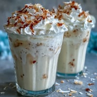 Creamy Vanilla Bean Coconut Frappuccino Mocktail in a tall glass with whipped coconut cream and toasted coconut flakes.