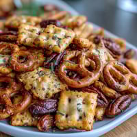 Crunchy sourdough Cheez-Its snack mix with roasted nuts and pretzels, perfect for savory party bites.  