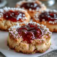 Strawberry Picnic Thumbprint Cookies with sweet jam center on a rustic wooden tray.