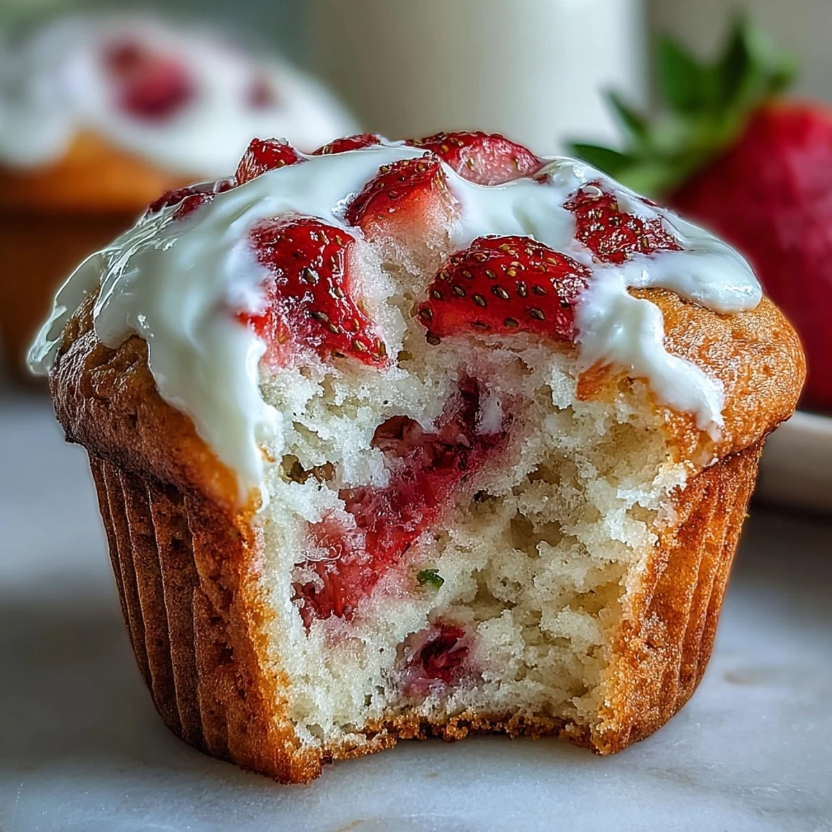 Fresh strawberry Greek yogurt muffins topped with juicy berry pieces, baked golden and moist for a delightful breakfast or snack.