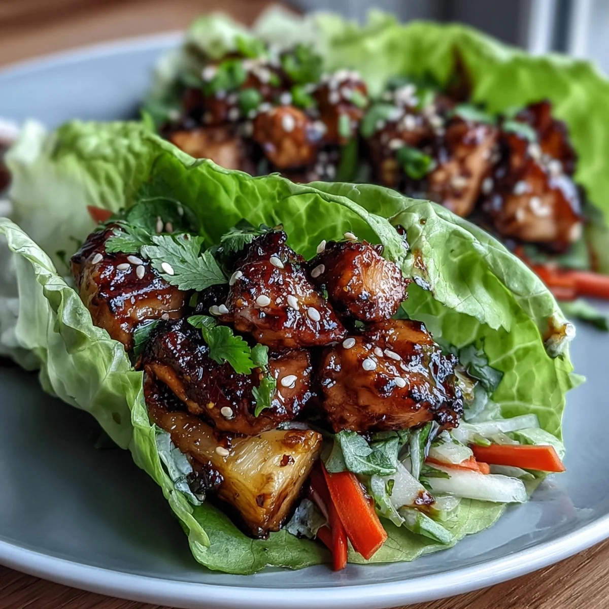 Fresh lettuce wraps filled with teriyaki chicken, juicy pineapple, and colorful vegetables for a healthy Asian fusion meal.