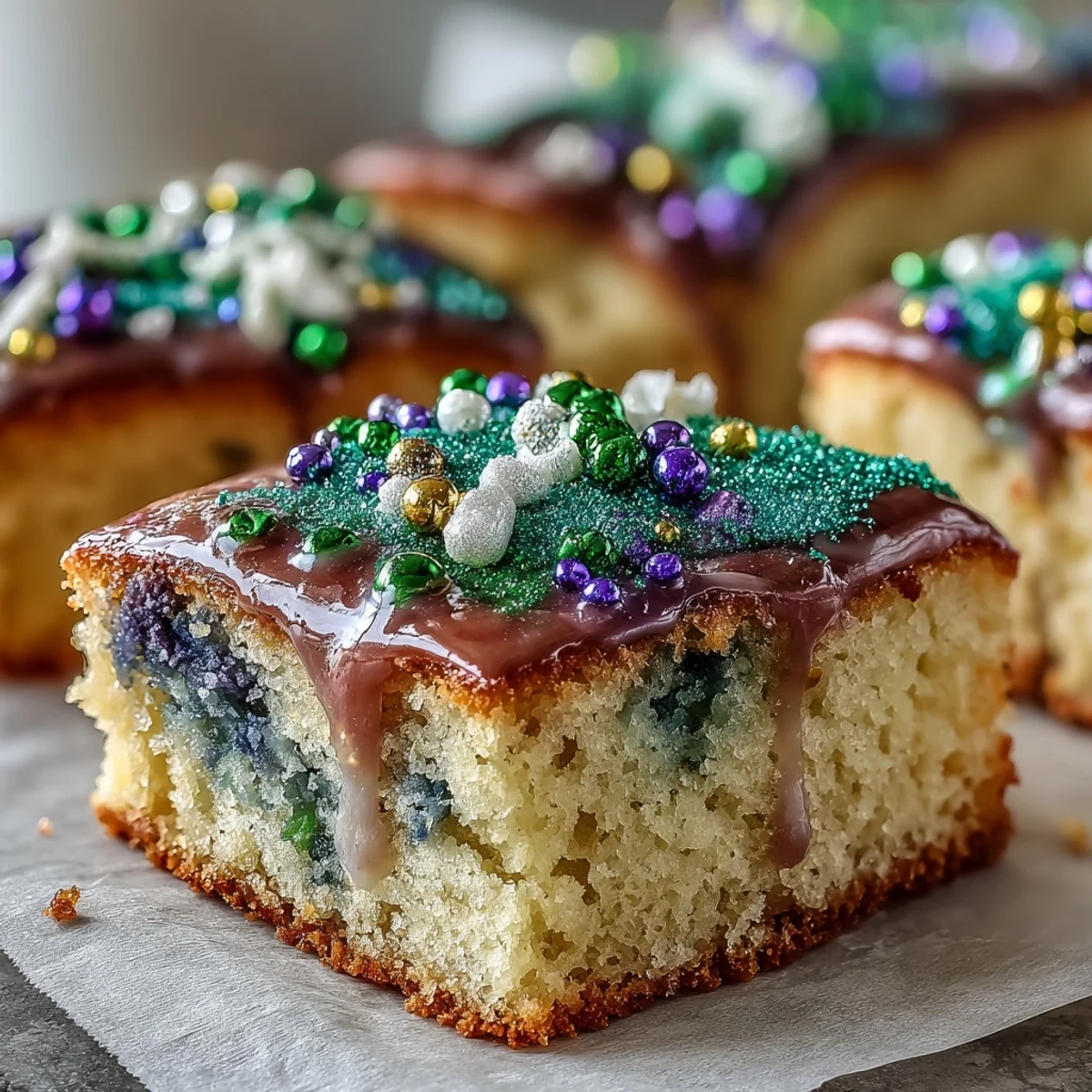 Festive King Cake Sugar Cookie Bars topped with purple, green, and gold sprinkles for Mardi Gras celebrations.  