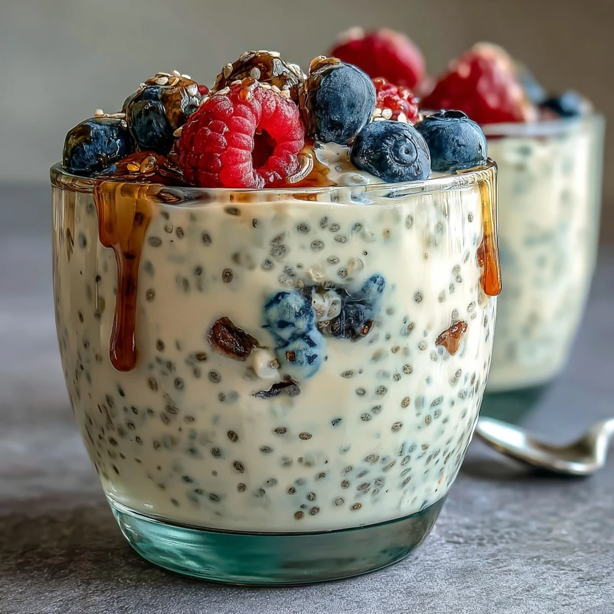 Fluffy Yogurt Chia Pudding with Vanilla Bean, a creamy, healthy breakfast topped with fresh berries and coconut flakes.