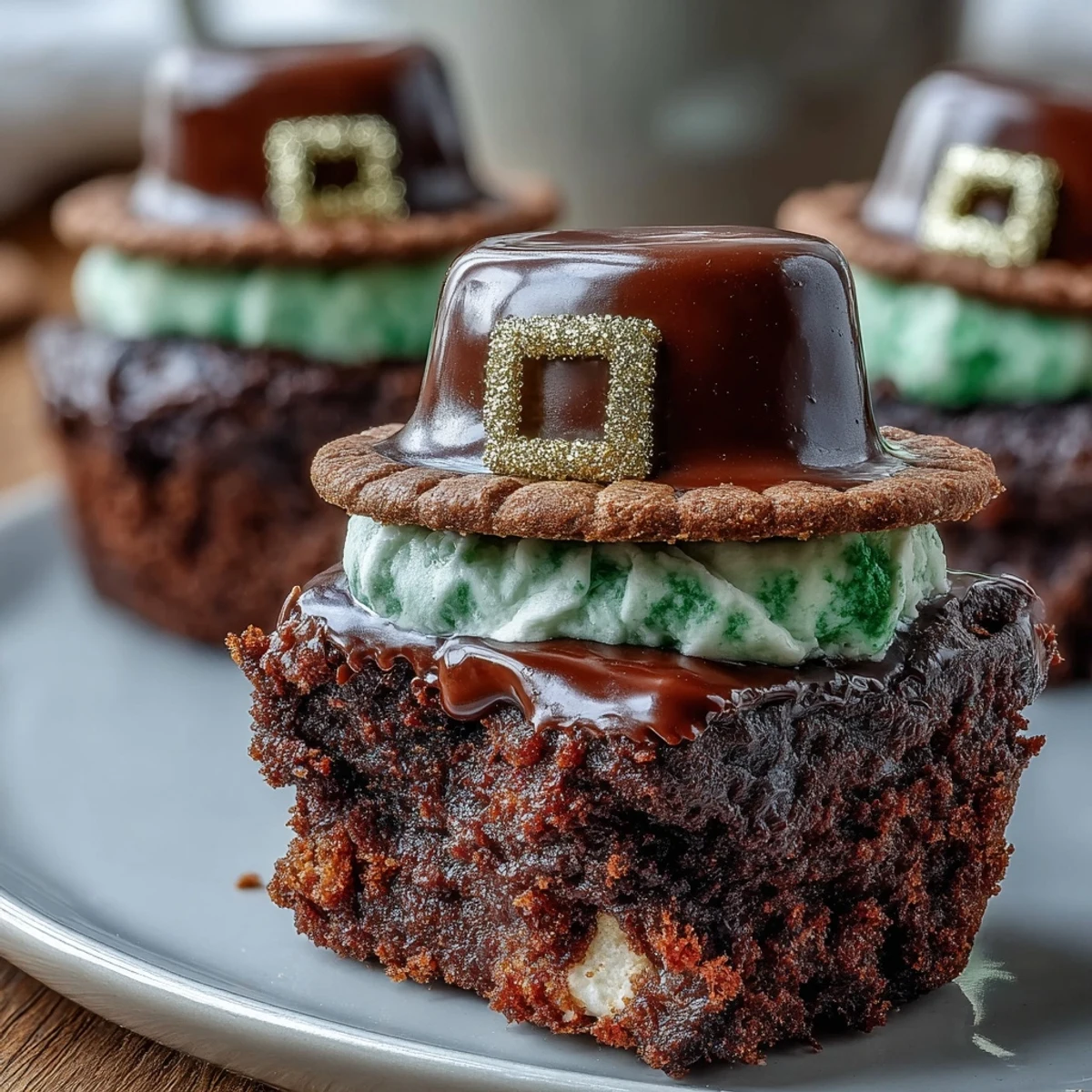 Festive Leprechaun Hat Brownie Bites with chocolate-dipped marshmallows and green icing, perfect for St. Patrick's Day celebrations.