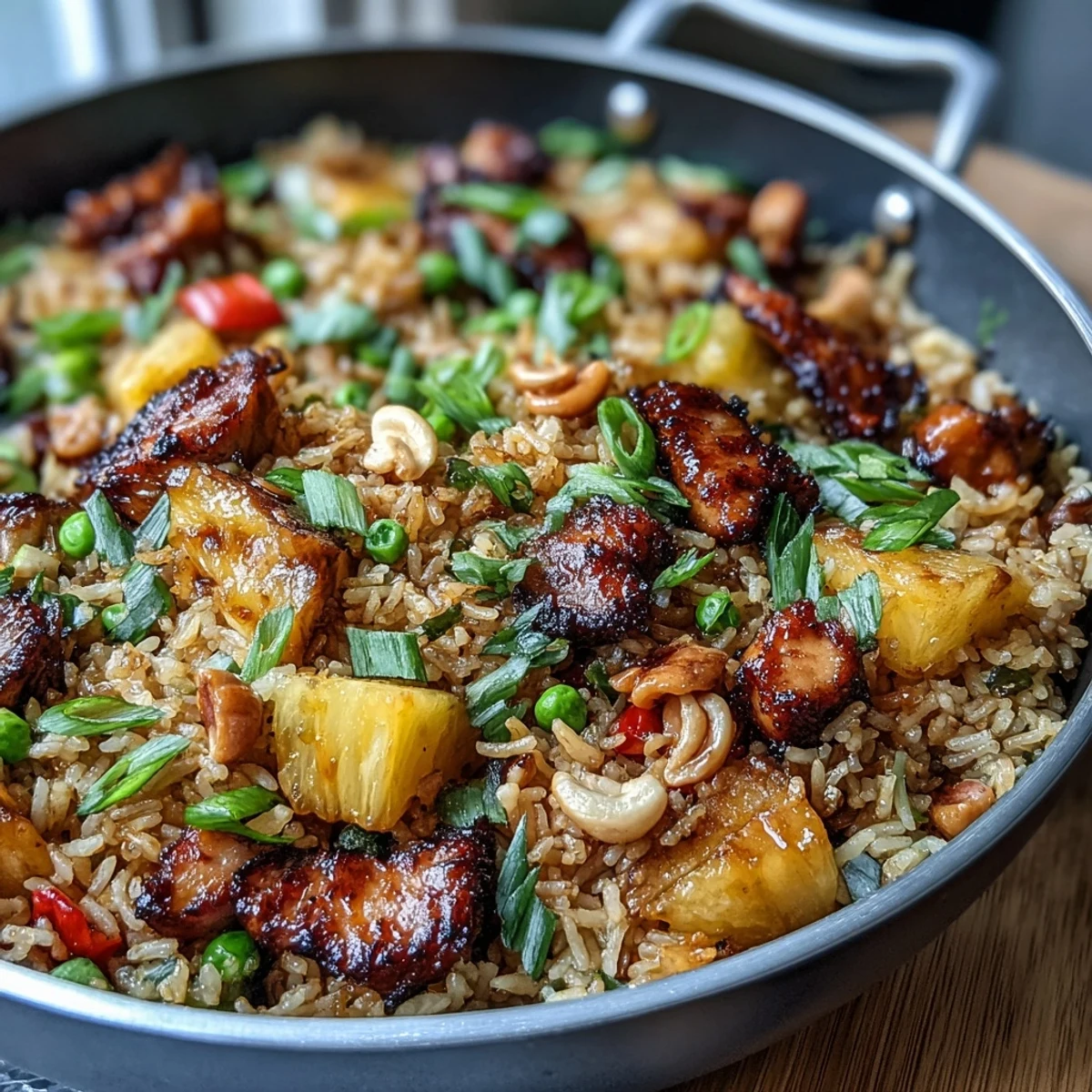 Colorful Hawaiian pineapple chicken fried rice with juicy pineapple chunks, tender chicken, and vibrant vegetables in a savory soy-sesame sauce.