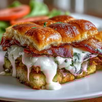 Warm Derby Day Hot Brown sliders filled with turkey, bacon, and creamy Mornay sauce on soft rolls, baked until bubbly and golden.