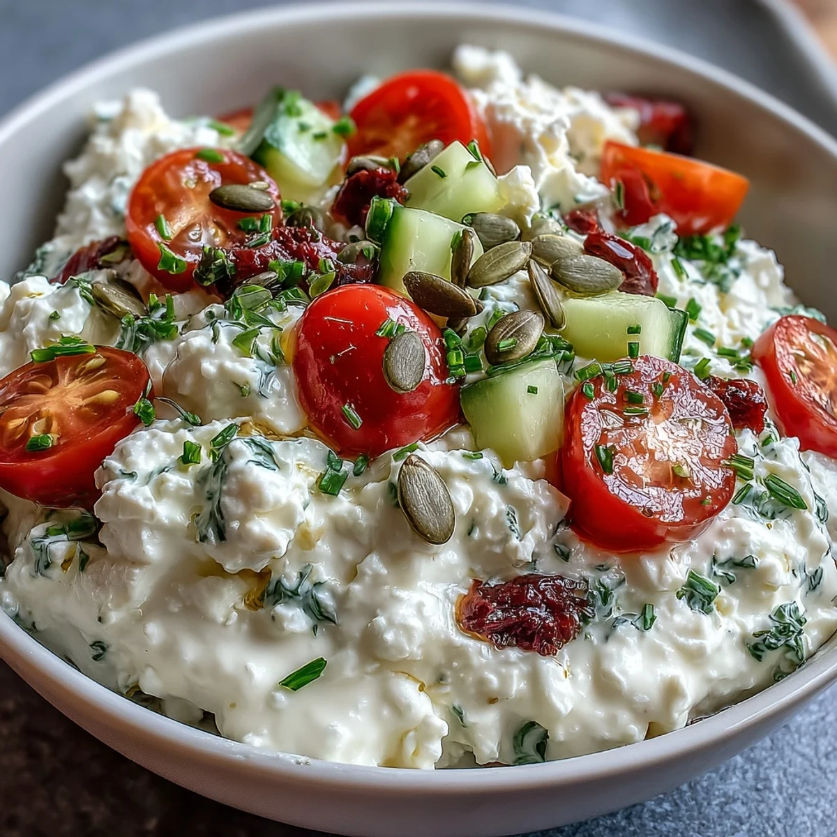 Savory Cottage Cheese Breakfast Bowl with Veggies, topped with fresh herbs and colorful vegetables for a healthy start.  