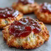 Golden clotted cream sugar cookies with vibrant strawberry jam centers, baked until edges are lightly golden and jam glistens invitingly.