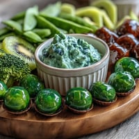 A vibrant St. Patrick's Day treats board filled with green snacks and dips, perfect for festive gatherings.  