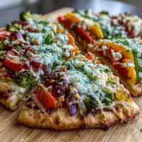 Festive St. Patrick's Day Rainbow Veggie Flatbread Pizza with vibrant peppers, broccoli, and tomatoes arranged in a colorful rainbow pattern.