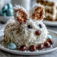 Adorable Easter Bunny Cake with coconut fur and jelly bean tail, perfect for spring celebrations and family gatherings.