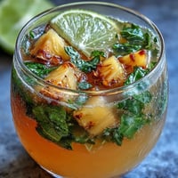Refreshing pineapple basil agua fresca with vibrant green basil leaves and juicy golden pineapple chunks in a clear glass pitcher.