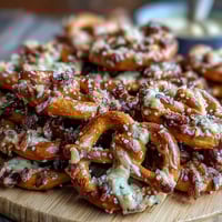 Game Day Baseball Snack Board with Pretzels and Dips: Soft pretzels, assorted cheeses, and dips arranged on a wooden board for easy sharing at game day gatherings.