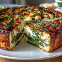 Easy Mother's Day Brunch Quiche with Asparagus and Brie, golden and savory, served with a light green salad.  