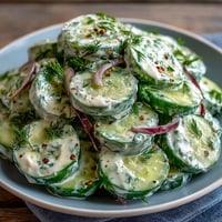 Creamy Cucumber Dill Salad with crisp cucumbers in tangy sour cream dressing, garnished with fresh dill sprigs.  