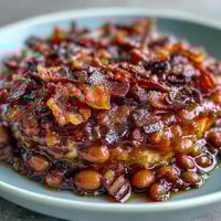 A bubbling skillet of summer BBQ baked beans with crispy bacon and sweet brown sugar glaze.