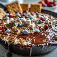 Gooey 4th of July Smores Dip bubbling in a cast iron skillet with golden toasted marshmallows and festive red, white, and blue candies.